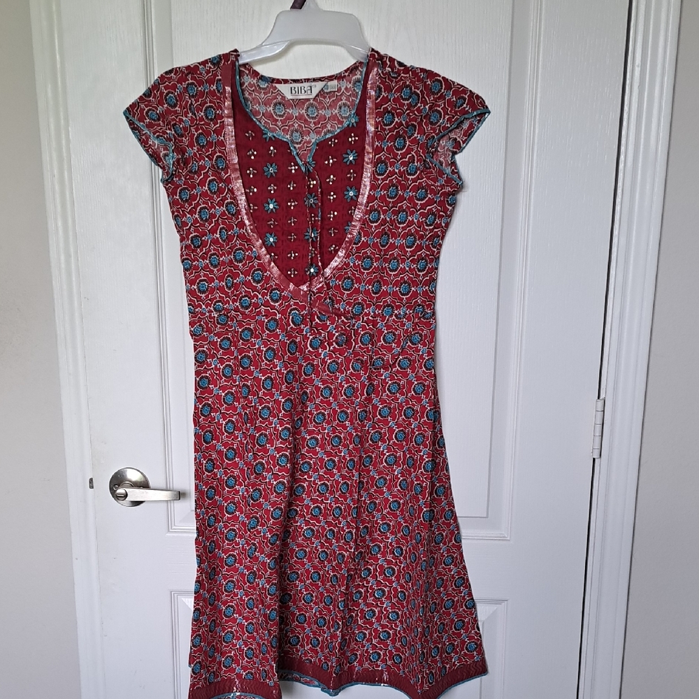 Biba Red and Teal Floral Dress Kurta Kameez